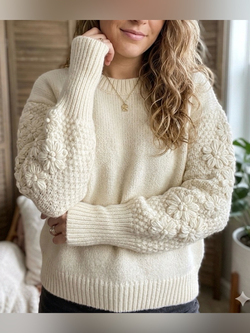 OAT New York Cream Floral Embroidered Sleeve Knit Sweater NWT Size M